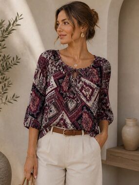 Sara Michelle Burgundy and Black Patterned Blouse